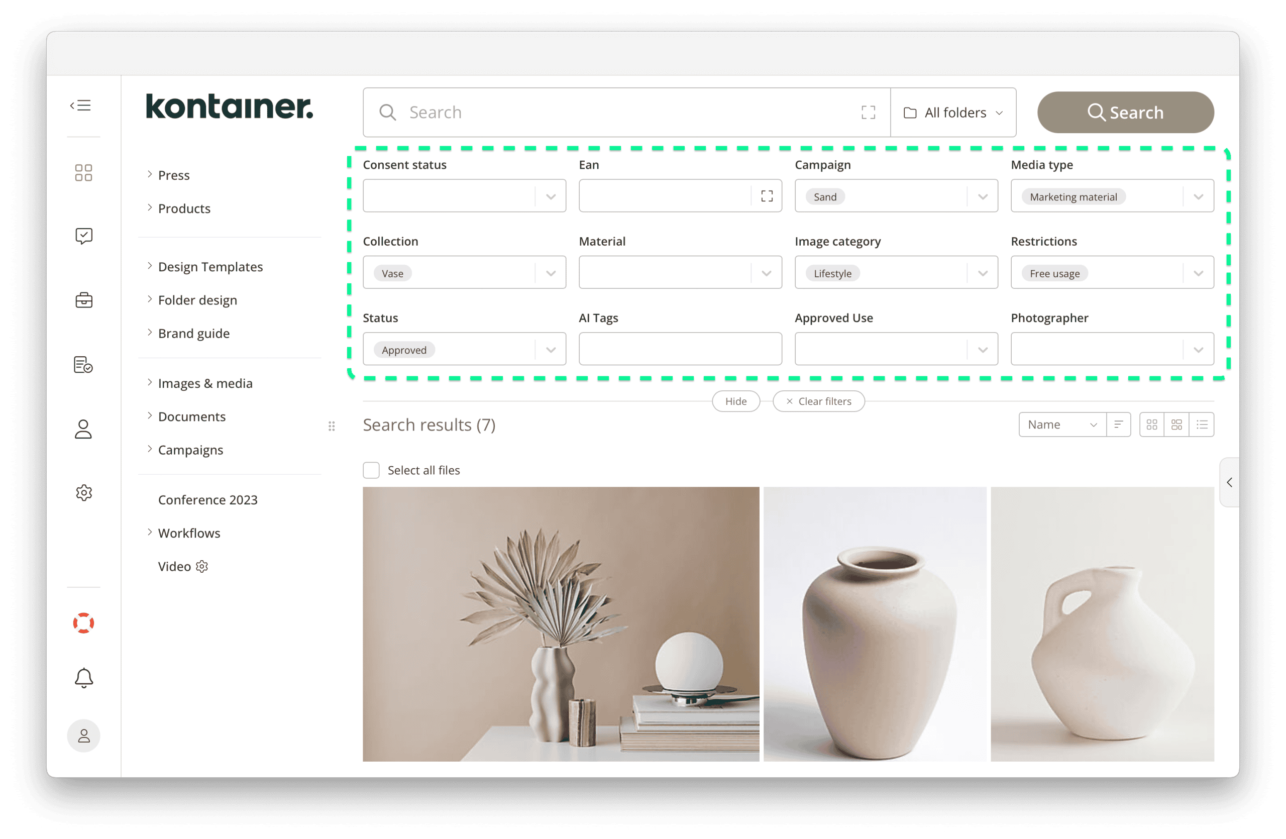 Kontainer DAM fields added as search filters to improve user-friendliness