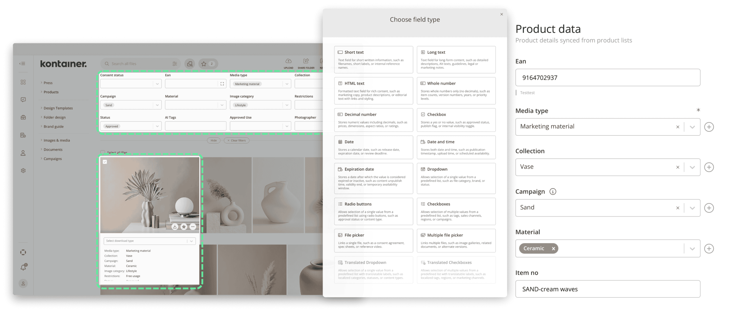 Tagging and filtering options, creating DAM fields in Kontainer