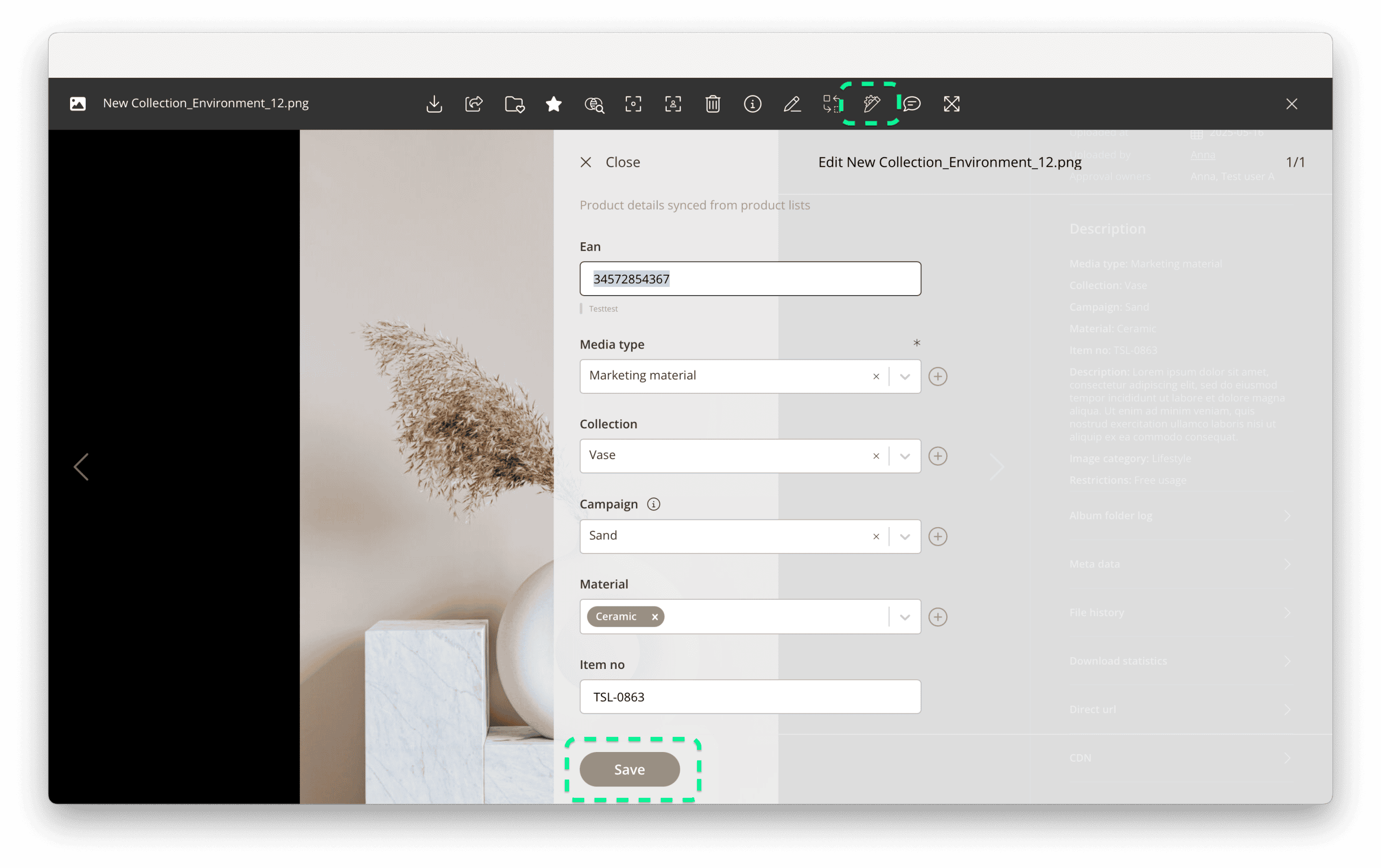 Editing file data in Kontainer DAM gallery mode