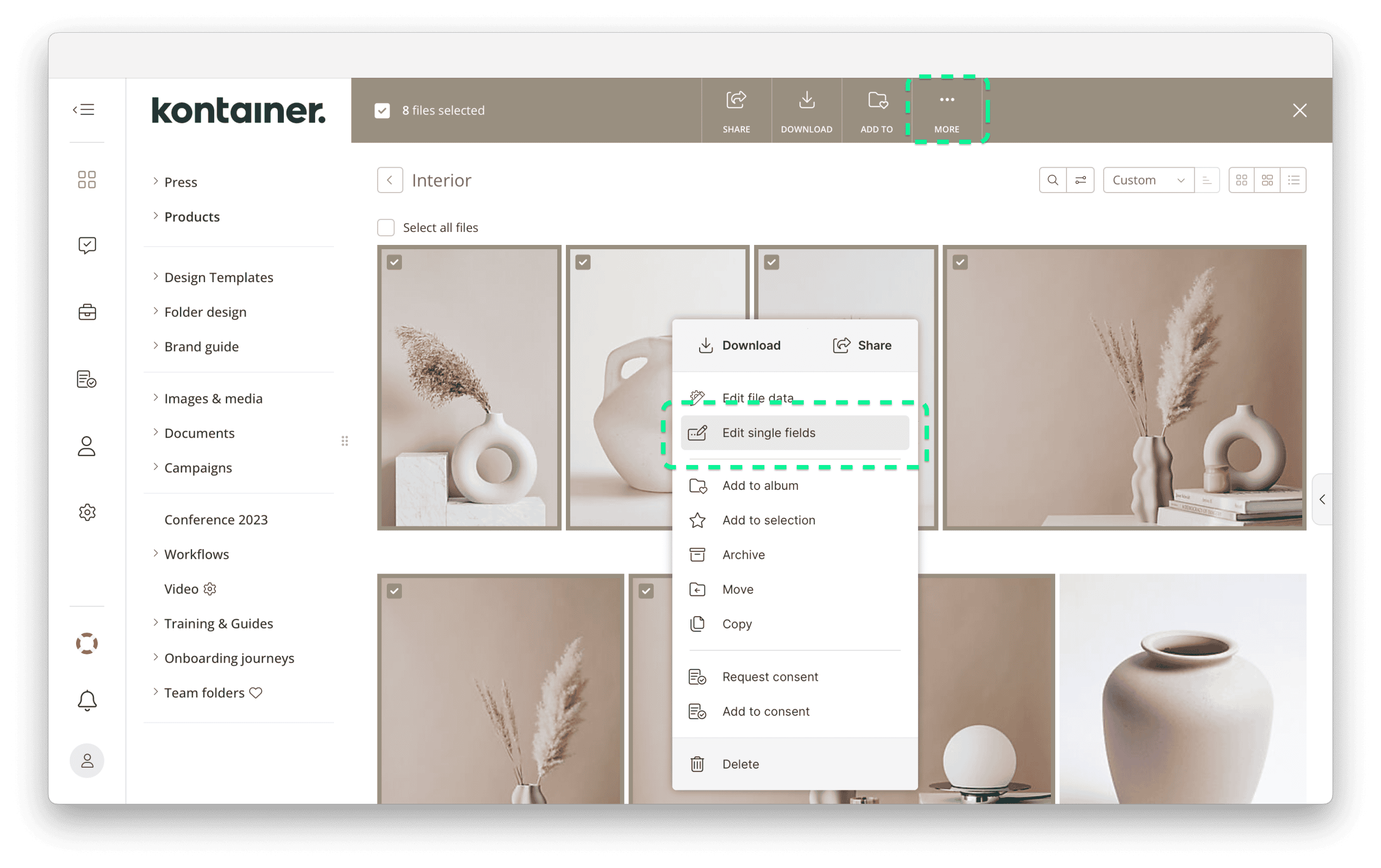 Accessing 'Edit single fields' in Kontainer DAM