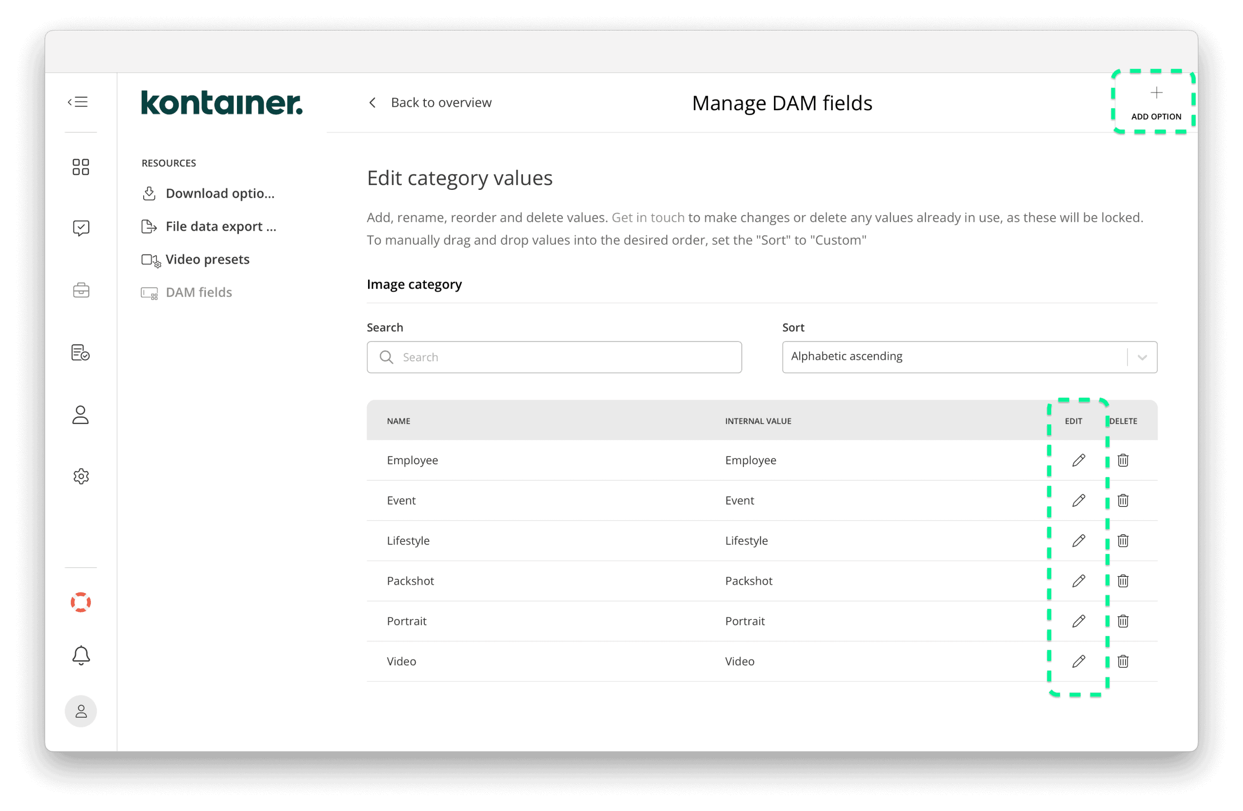 Adding and editing values or options for Kontainer DAM fields