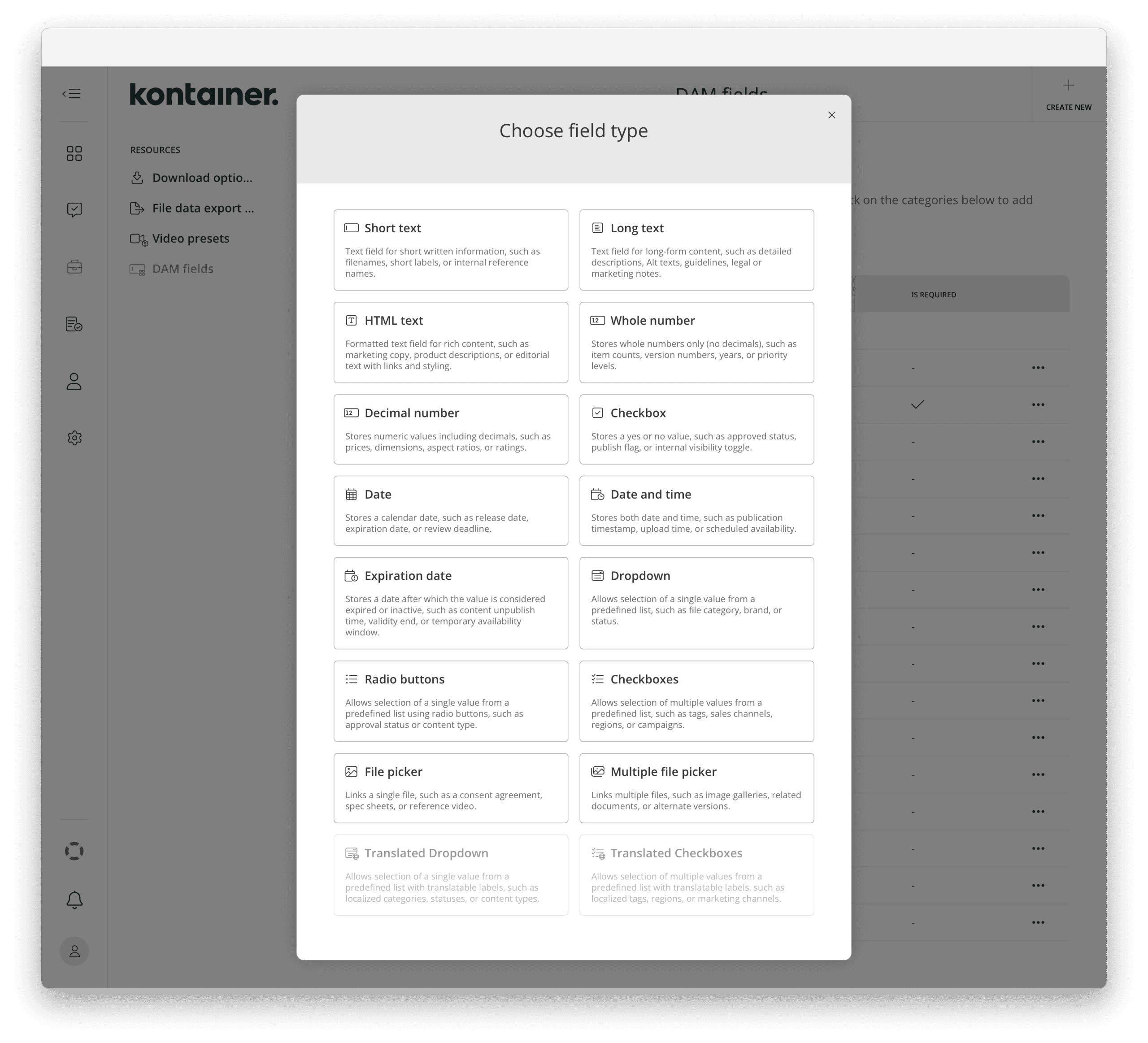 Selecting field type when creating new Kontainer DAM field