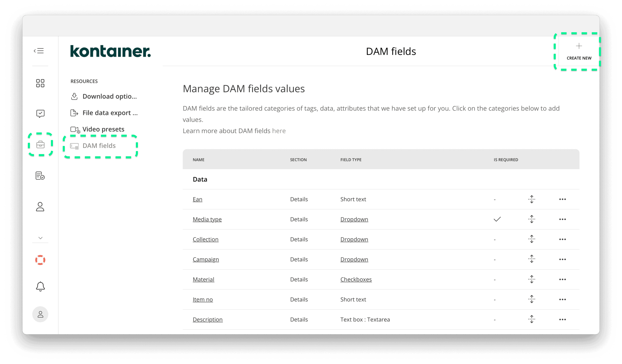 Creating new Kontainer DAM field from in the Resources tab