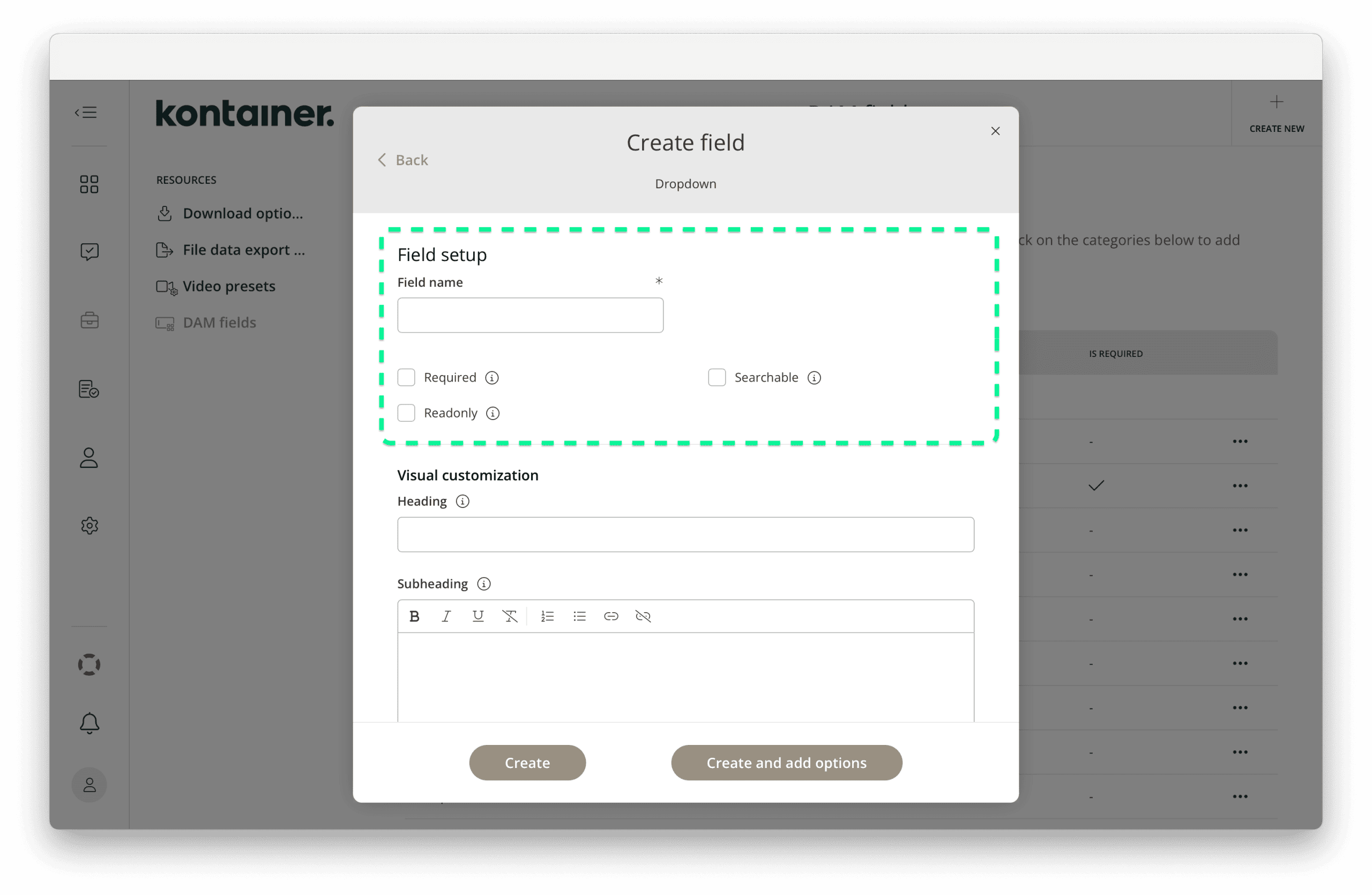 Main settings when creating new Kontainer DAM field