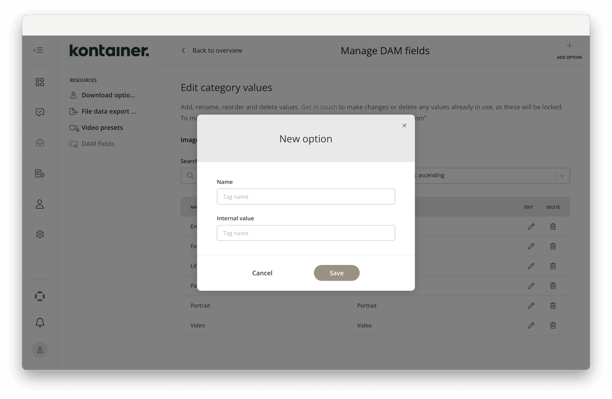 Naming or editing value names or options for Kontainer DAM fields