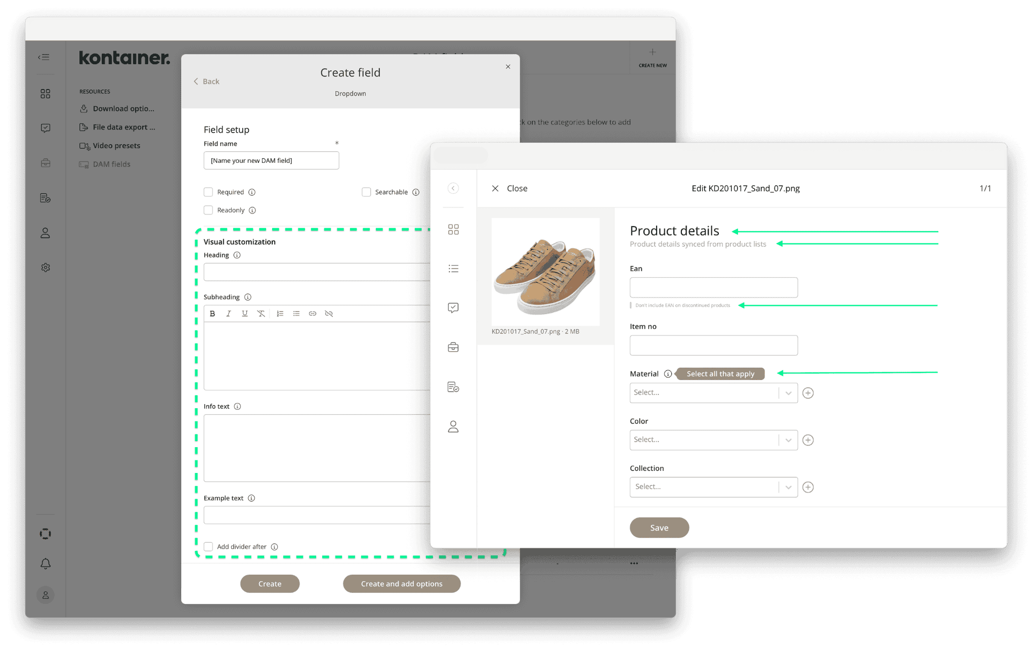 Headings and help text settings for tagging forms when creating new Kontainer DAM field
