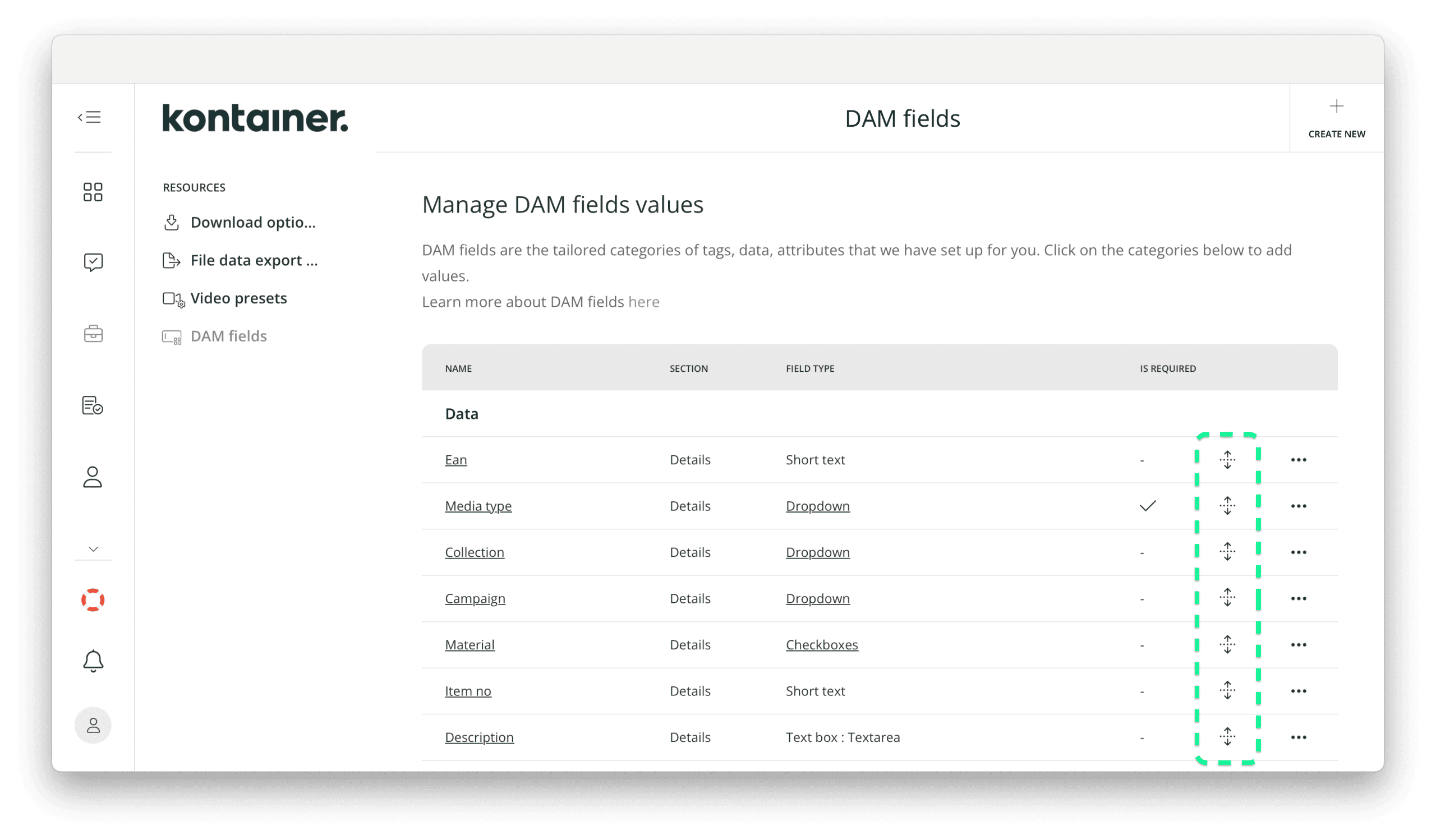 Rearranging Kontainer DAM field from the fields overview