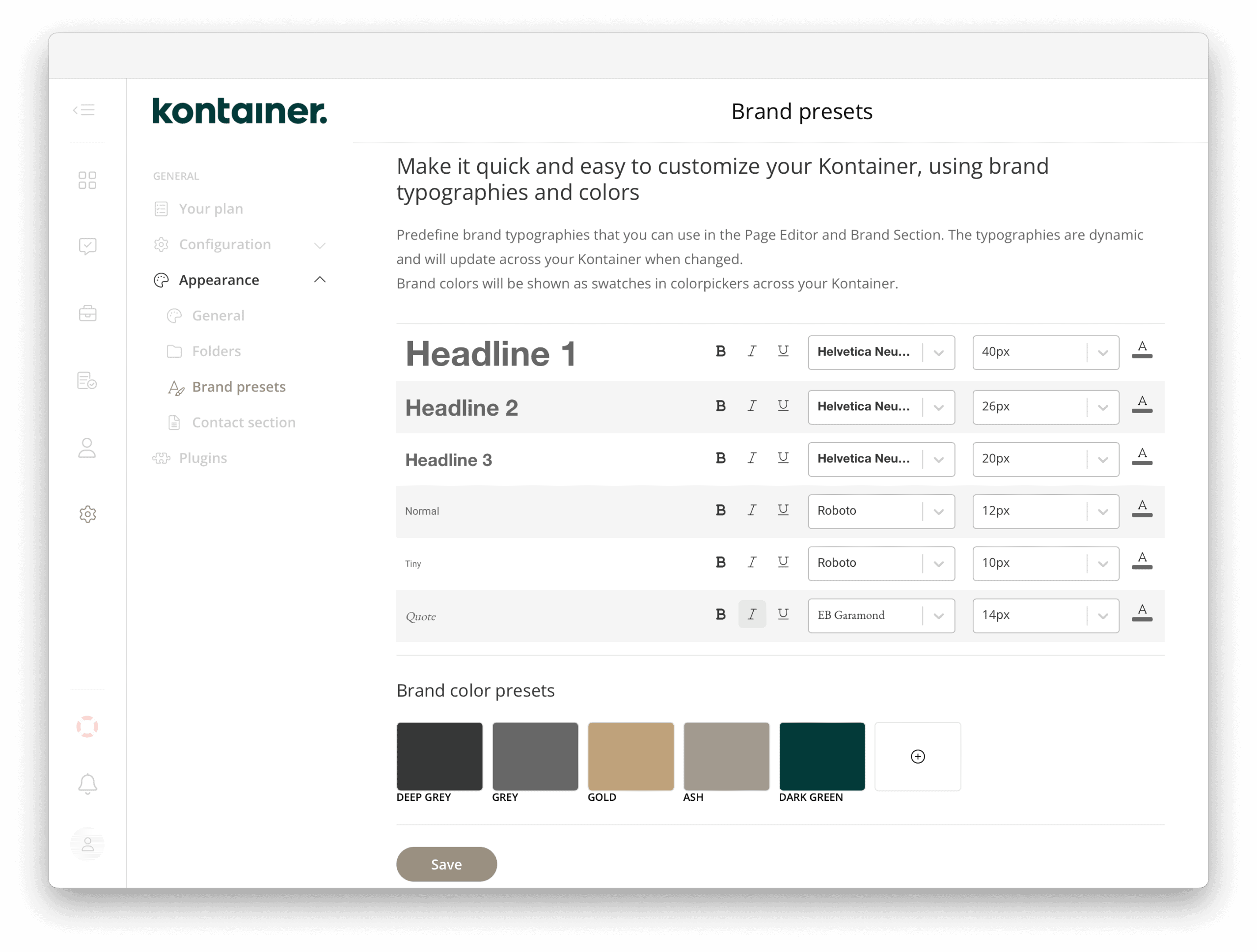 Kontainer brand preset settings