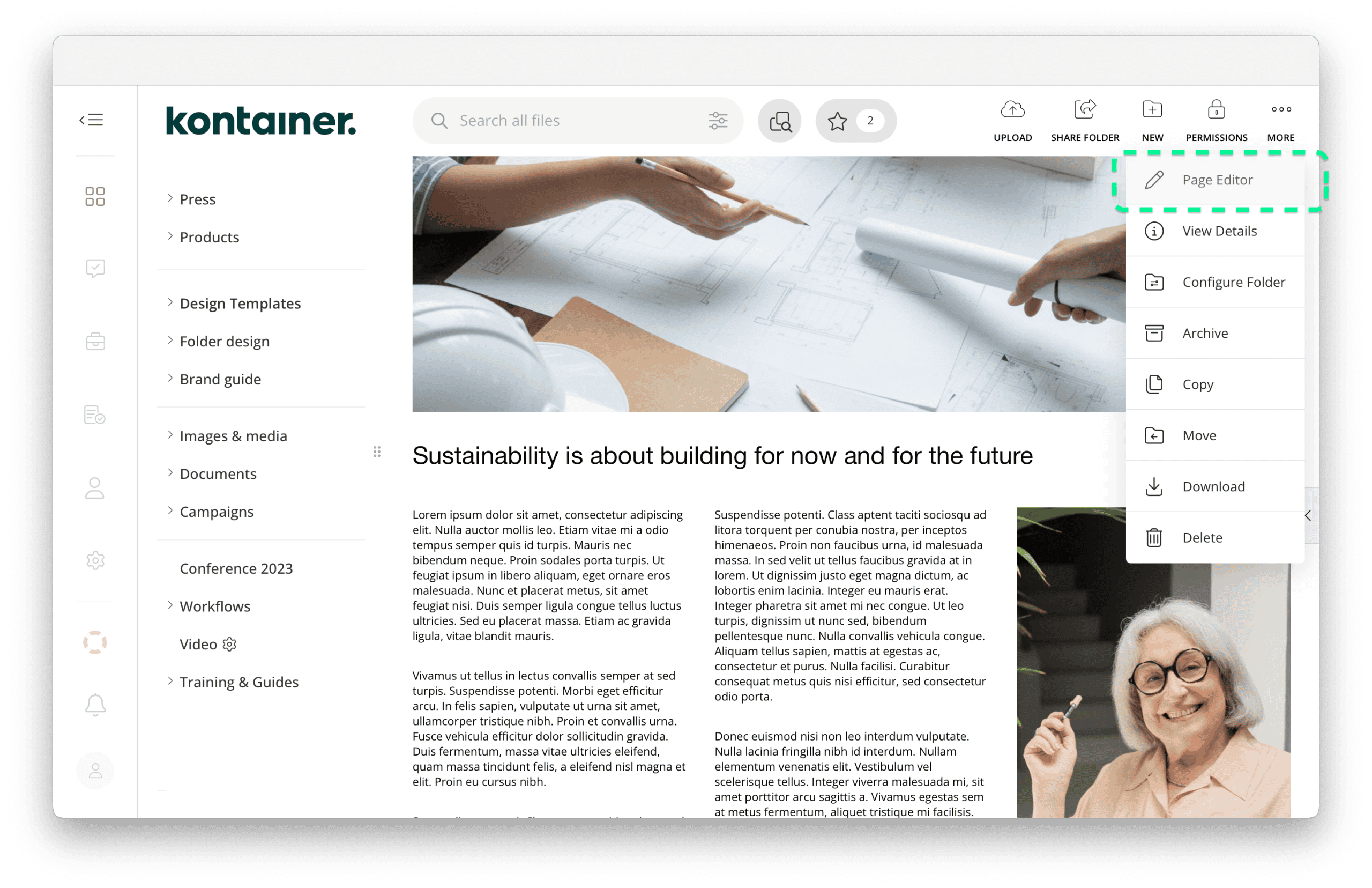 Accessing Page editor in Kontainer DAM
