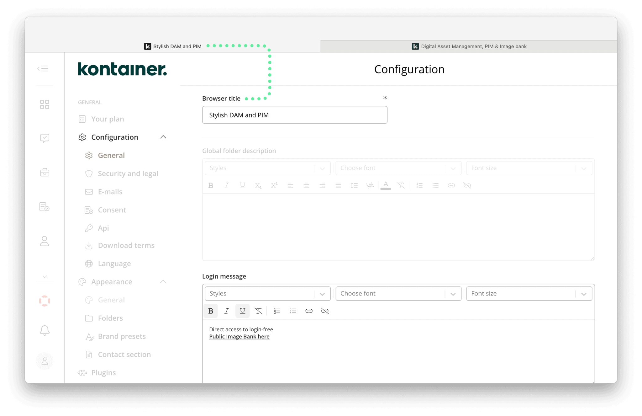 Kontainer Welcome message & browser title settings