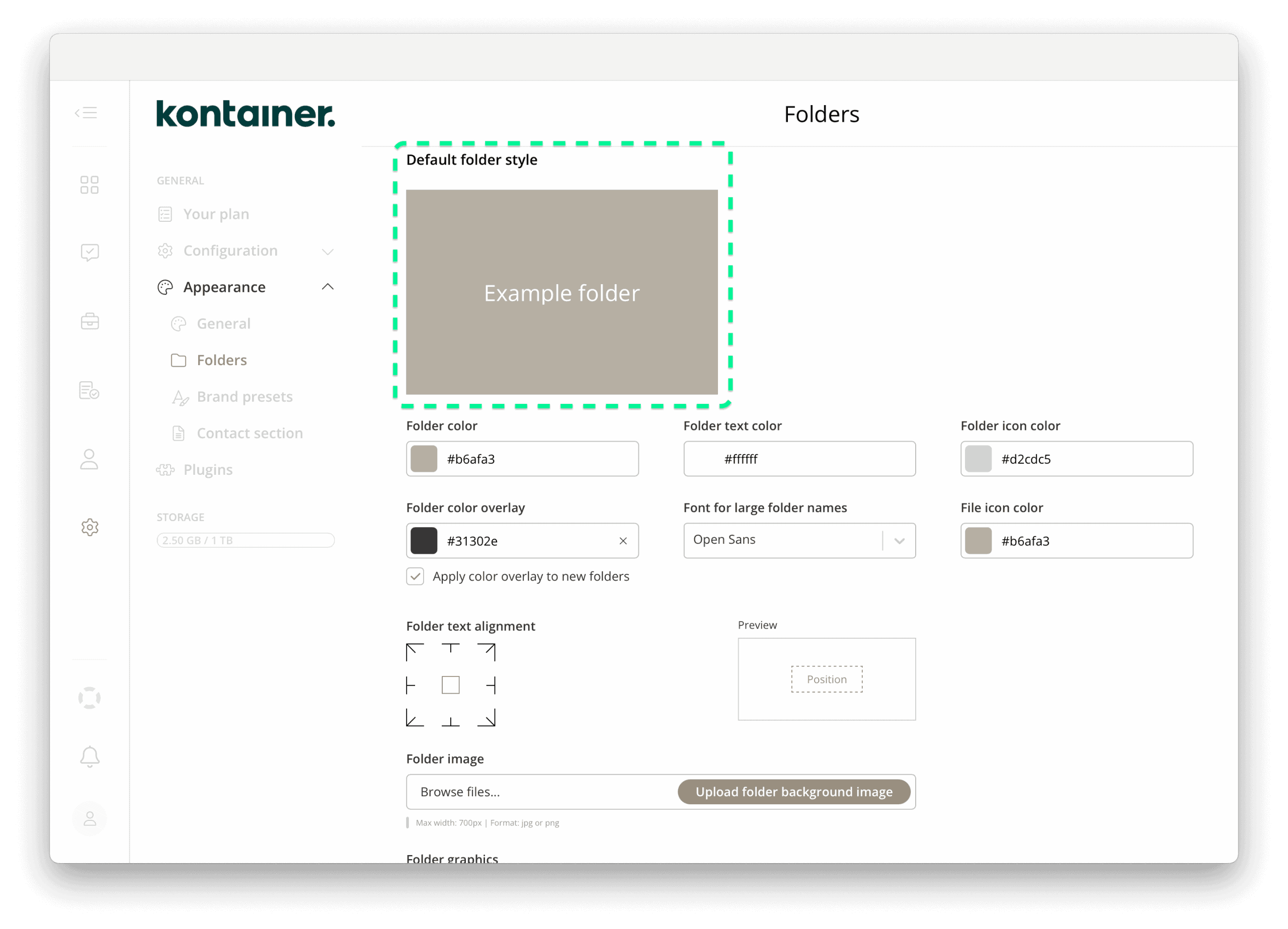 Kontainer DAM default folder display