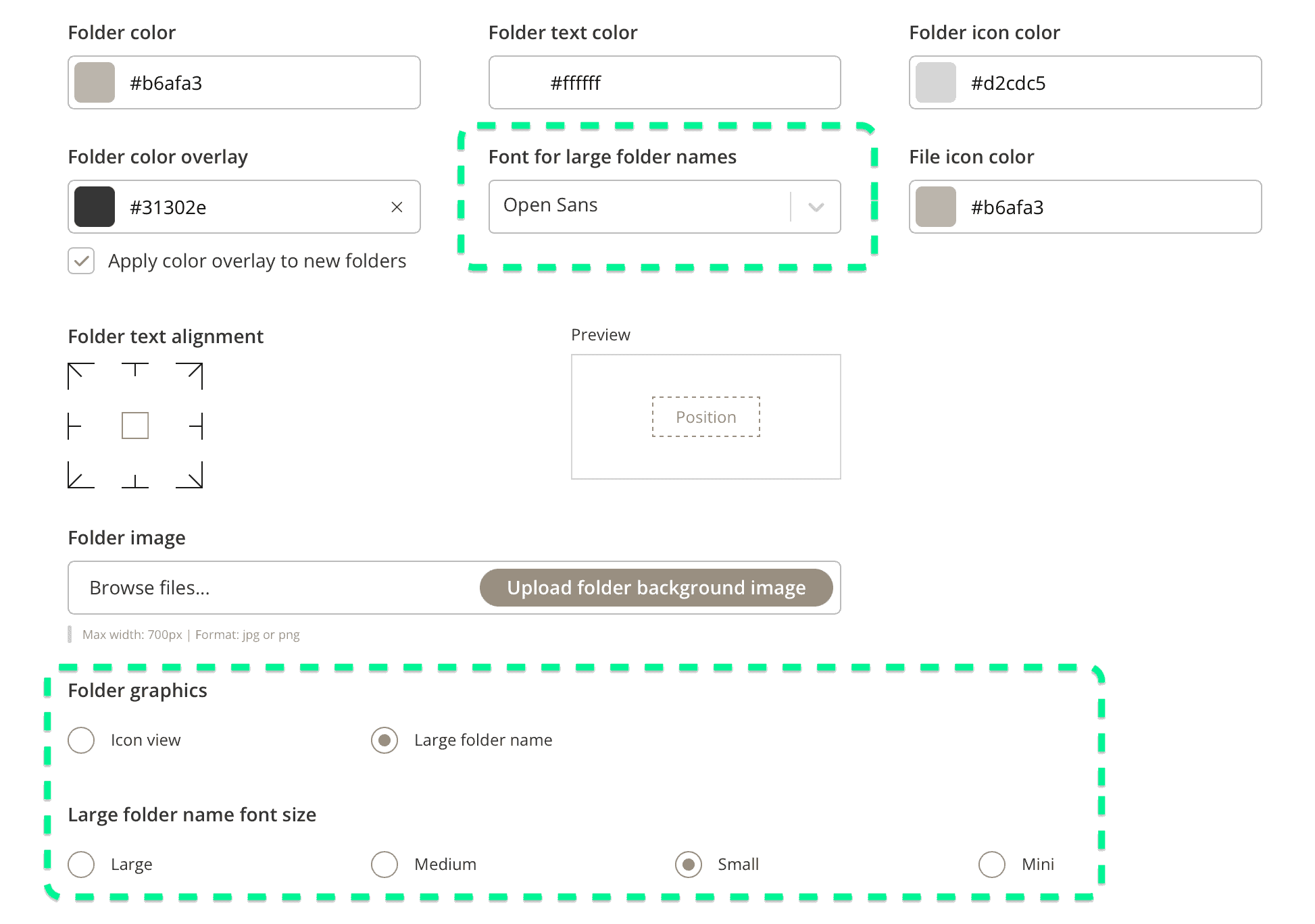 Indstillinger for Large folder name i Kontainer DAM