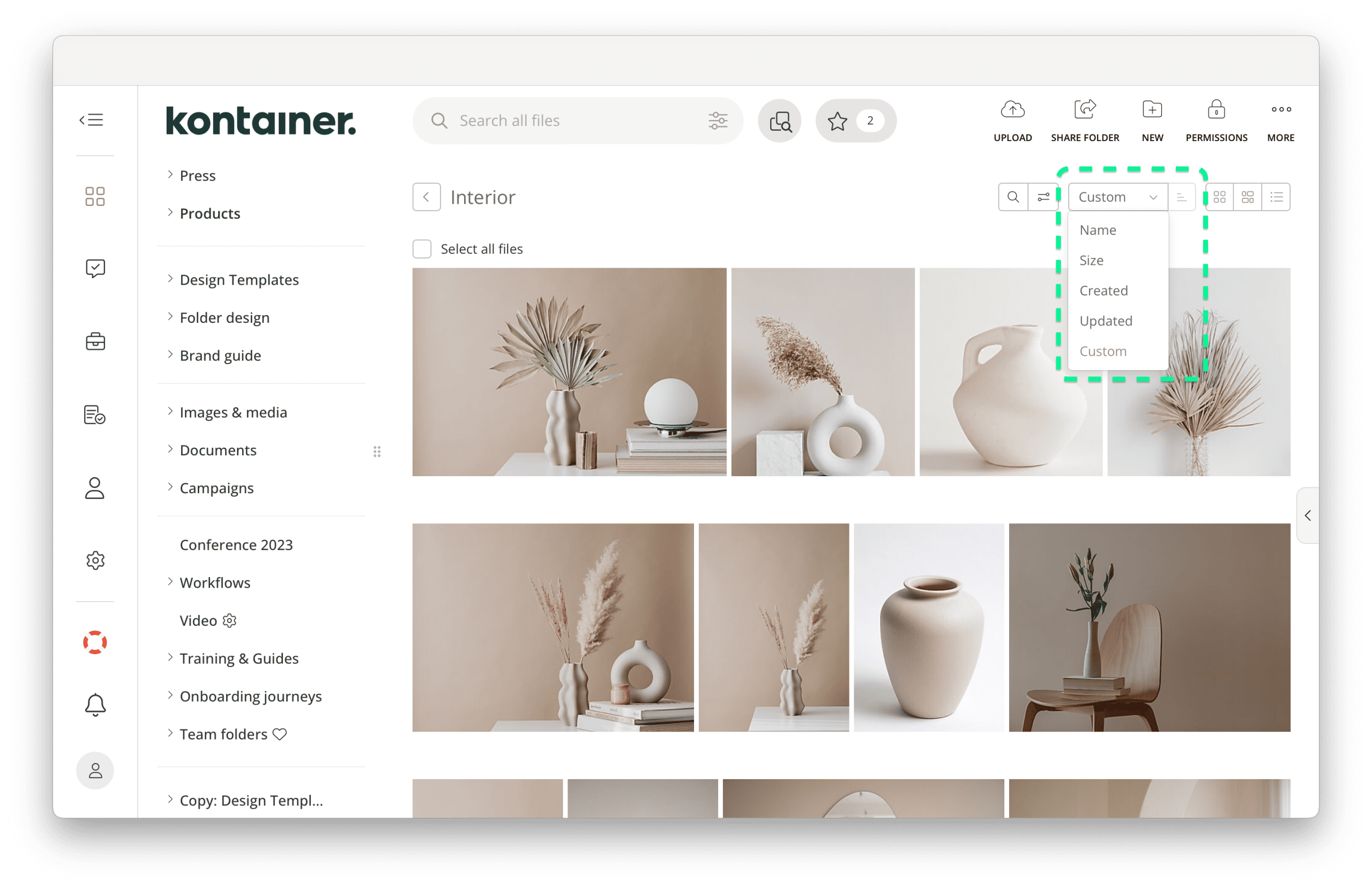 Kontainer user sort order options