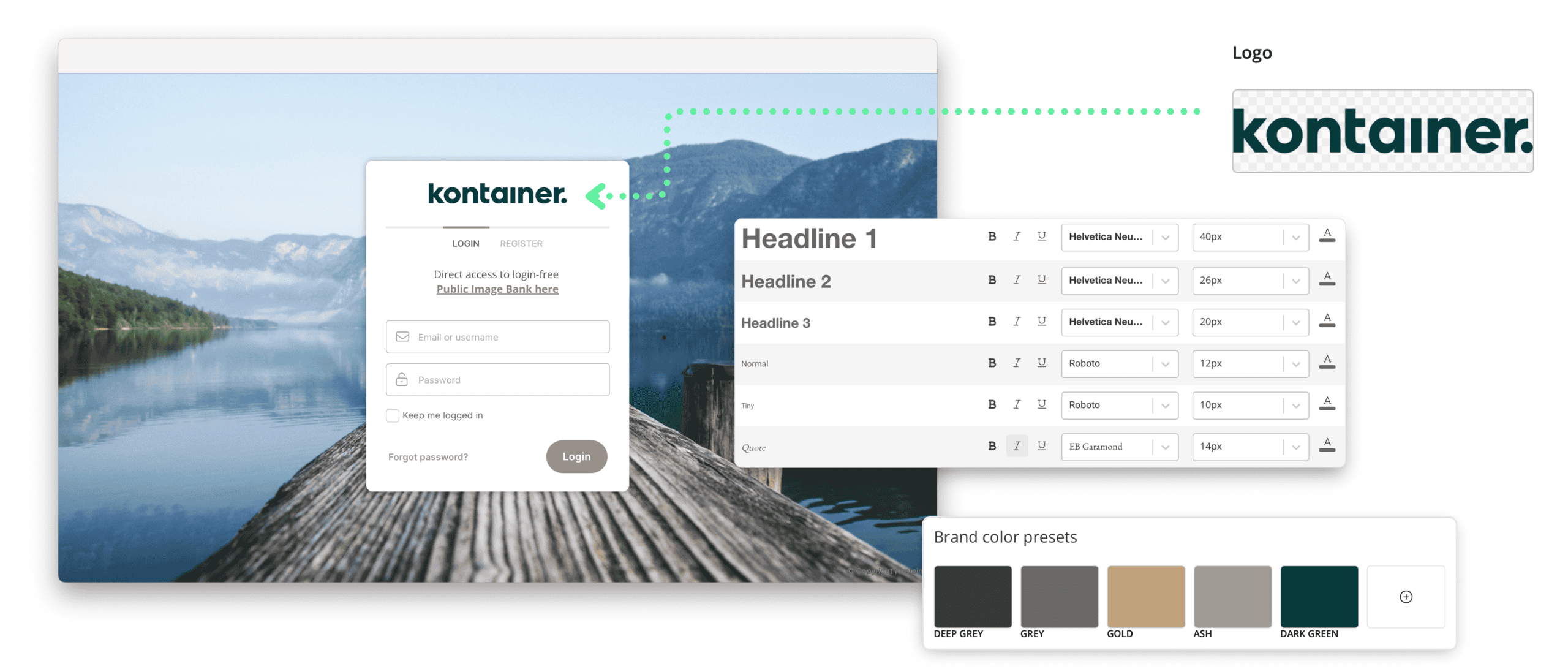 Kontainer login page with pop-up styling options: logo, text and color presets