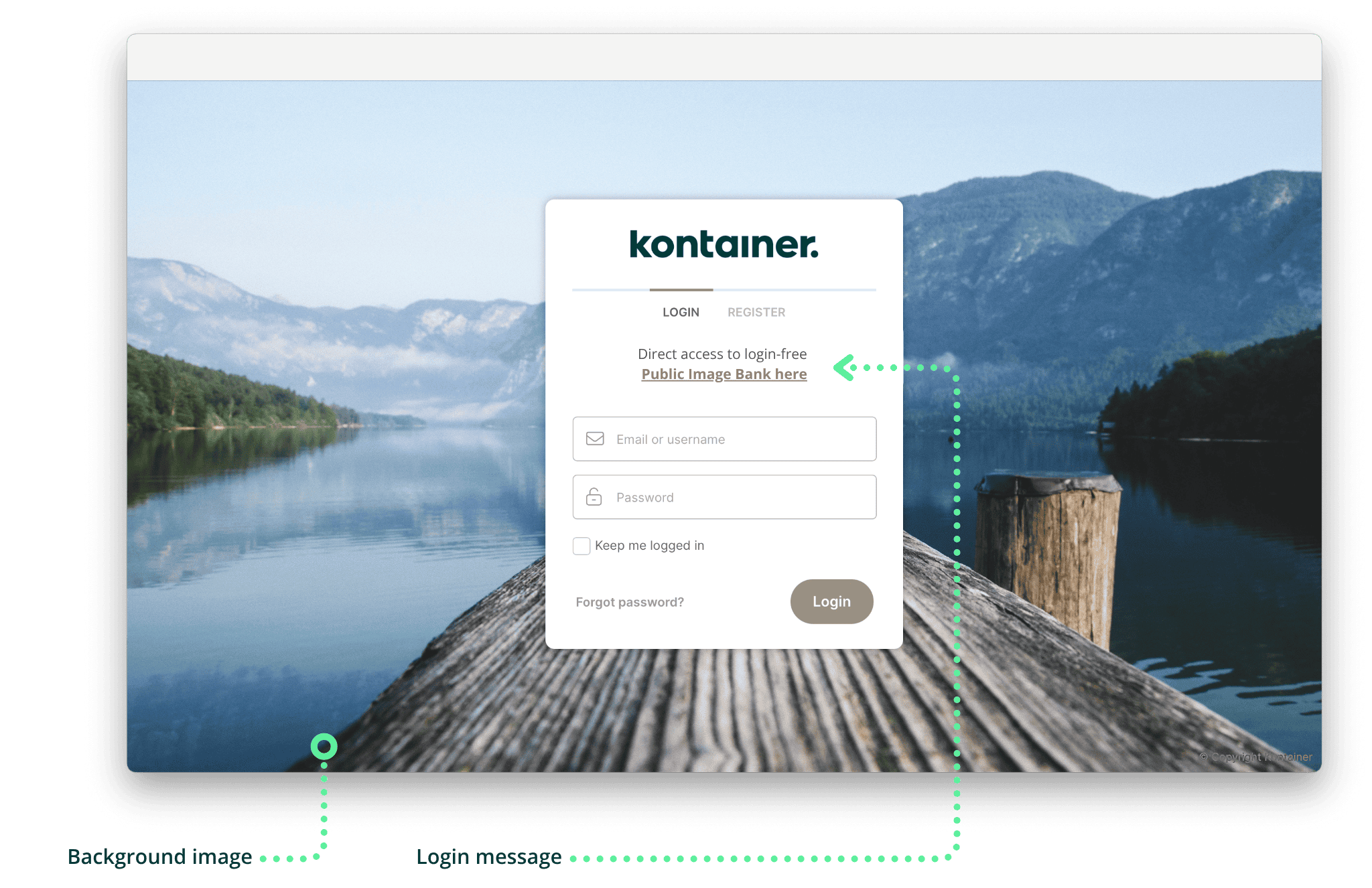 Kontainers loginside med baggrundsbillede og velkomstbesked markeret