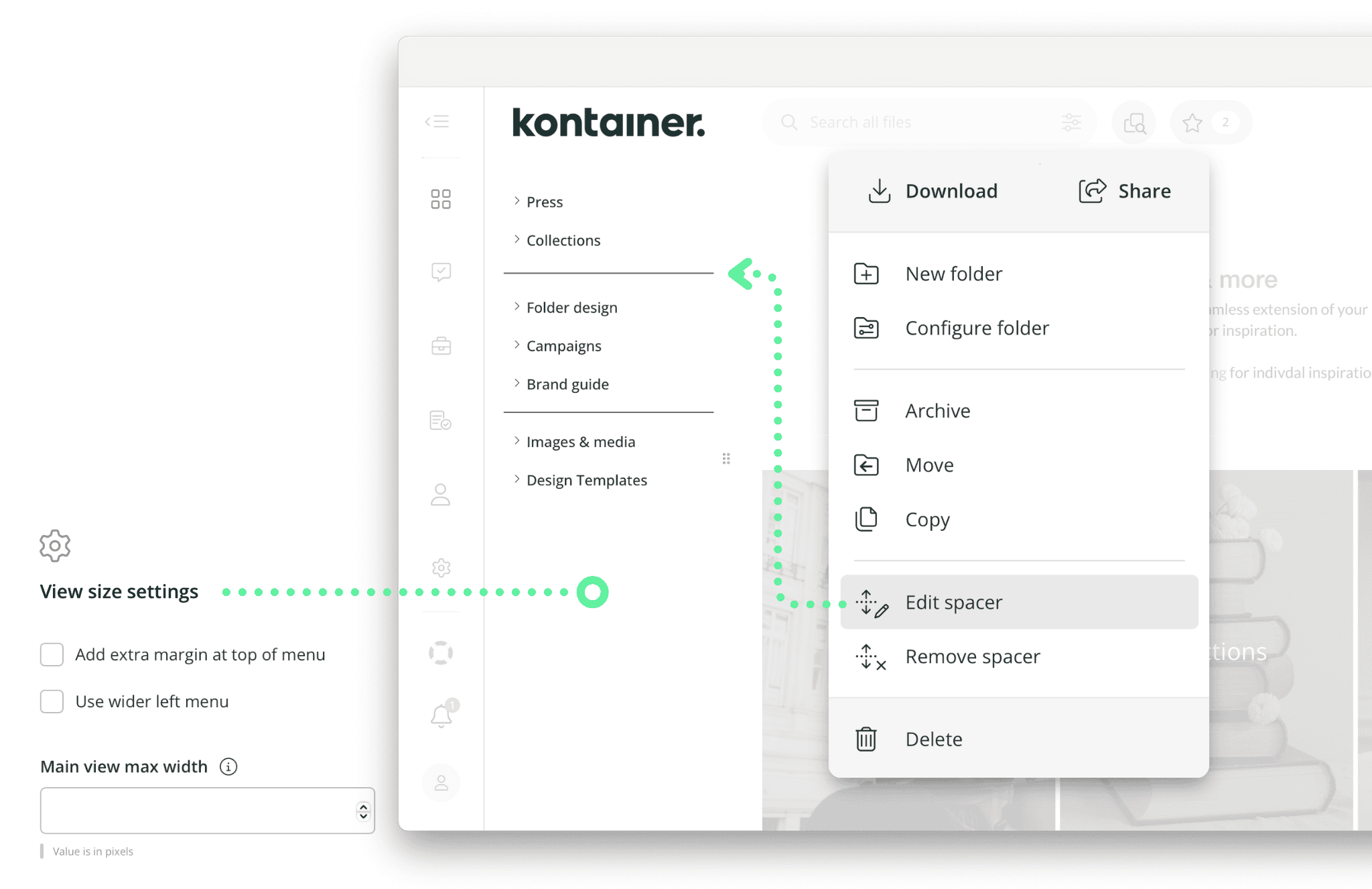 Indstillinger for mappemenuen i Kontainer