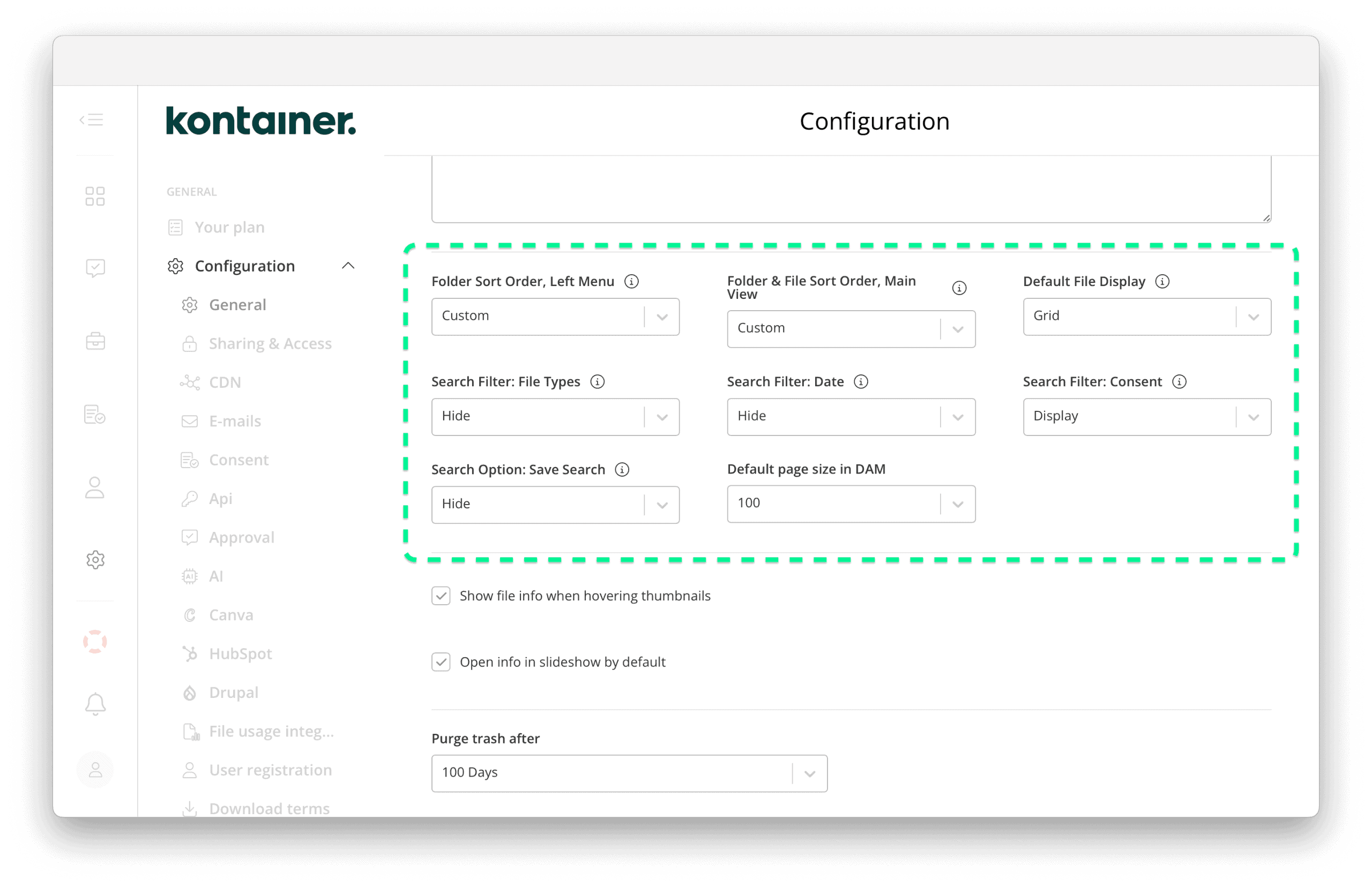 Kontainer file and folder sort order settings