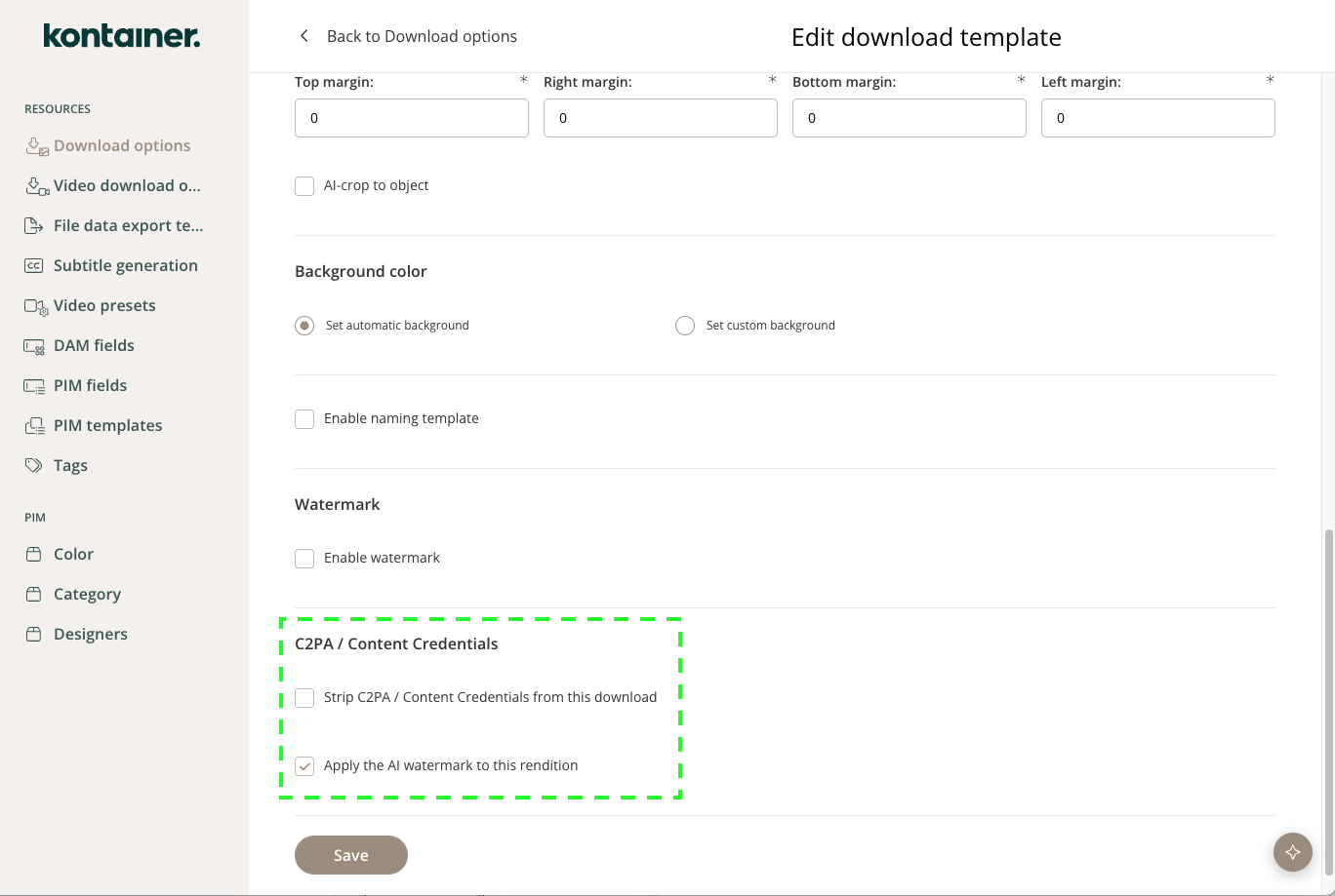 Der Bereich C2PA / Content Credentials einer Download-Vorlage mit Kontrollkästchen zum Entfernen der Content Credentials oder zum Anwenden des KI-Wasserzeichens auf diese Rendition