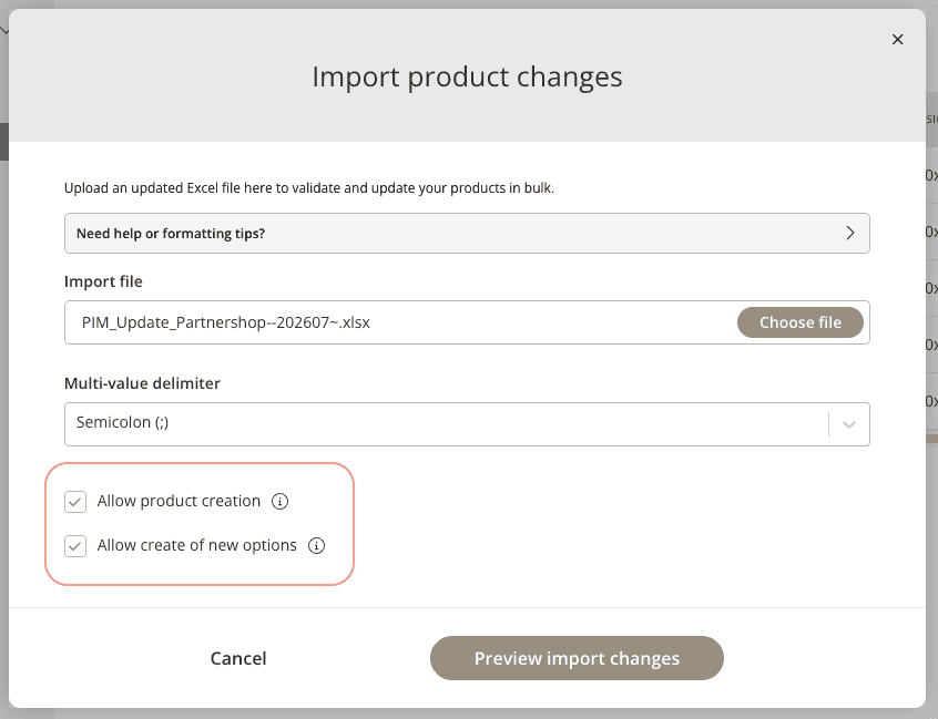Kontainer PIM allows you to create new products and options when importing a spreadsheet