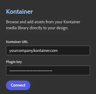 Das Add-on Kontainer Asset Picker in Adobe Express fragt nach Kontainer-URL und Plugin-Schlüssel