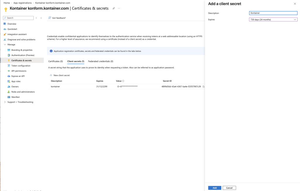 Opret en client secret i Entra ID