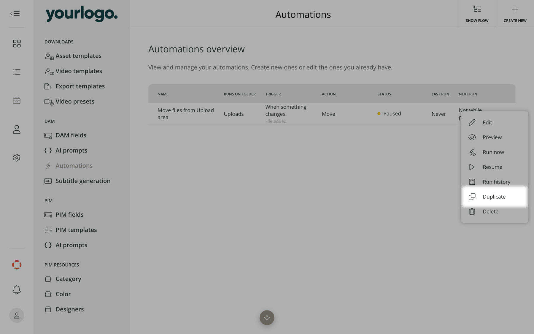 La vista general de Automations con el menú de tres puntos abierto en una automatización. La opción Duplicate está resaltada.