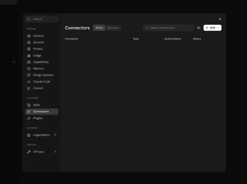 The Connectors page in Claude settings, with the Add button in the top right corner