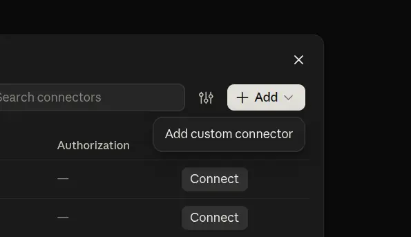 The Add menu on the Claude Connectors page, open with the option Add custom connector