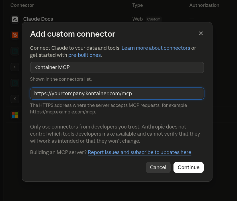 The Add custom connector dialog with the name Kontainer MCP and the address https://yourcompany.kontainer.com/mcp filled in