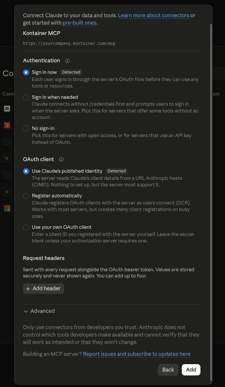 The connector settings in Claude with Sign in now and Use Claude's published identity selected, and the Add button at the bottom