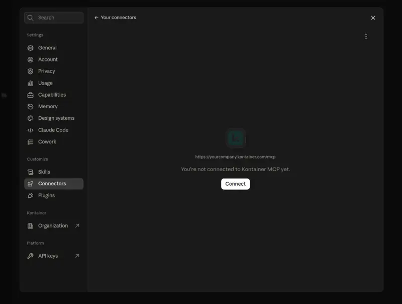 The new Kontainer MCP connector in Claude, not connected yet, with the Connect button