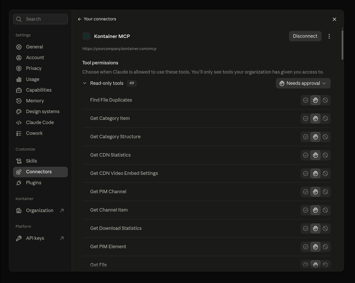 The connected Kontainer MCP connector in Claude, showing the list of tool permissions