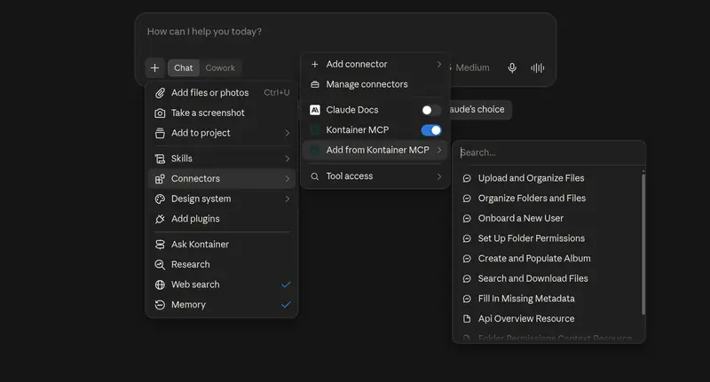 The plus menu in a Claude chat with Connectors open, showing the Kontainer MCP toggle and the prompts under Add from Kontainer MCP