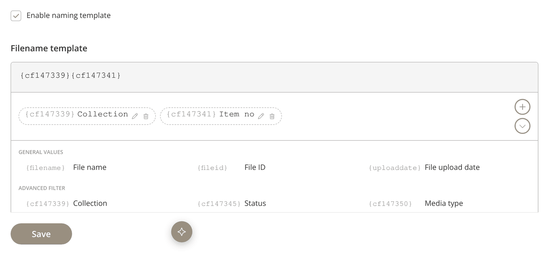 The Filename template section of a download template in Kontainer. Enable naming template is ticked, and the Collection and Item no fields have been picked from the list of file data fields to build the file name.
