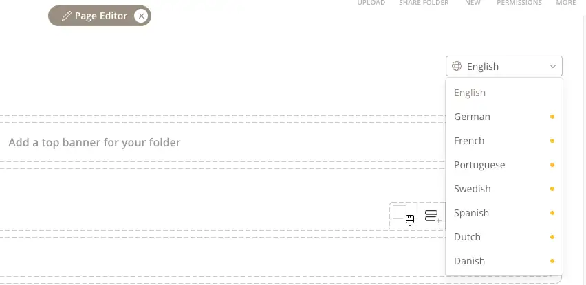 El Page Editor en una carpeta de Kontainer con el selector de idioma abierto. English está seleccionado, y un pequeño punto junto a los demás idiomas indica que todavía hay que traducirlos.